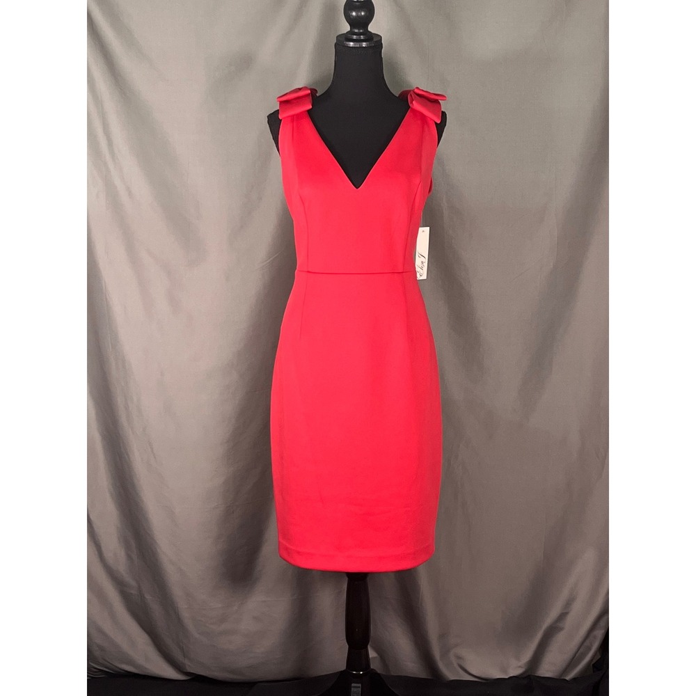 Eliza J Red Pink Bow Shoulder V-Neck Sheath Dress Size 16 NWT